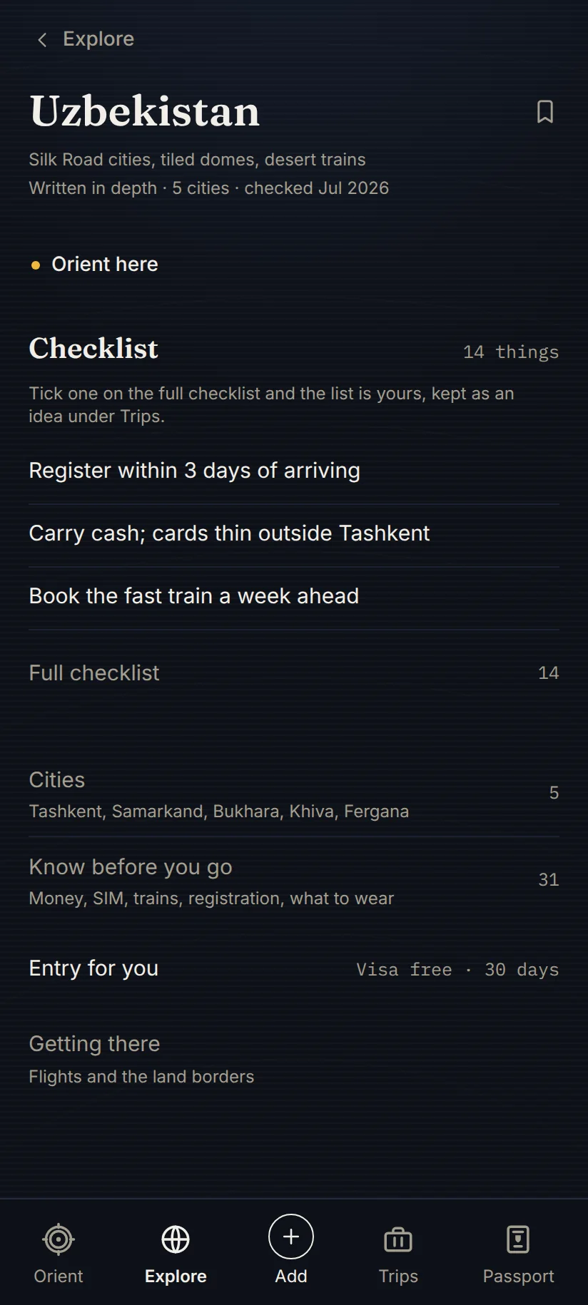 A country room in the Yamine app for Uzbekistan: a checklist, cities, entry conditions and a know-before-you-go section