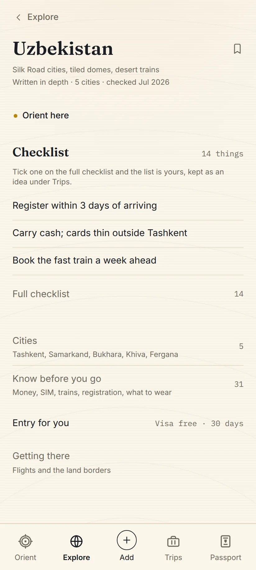 The Uzbekistan country room of the Yamine app in light mode