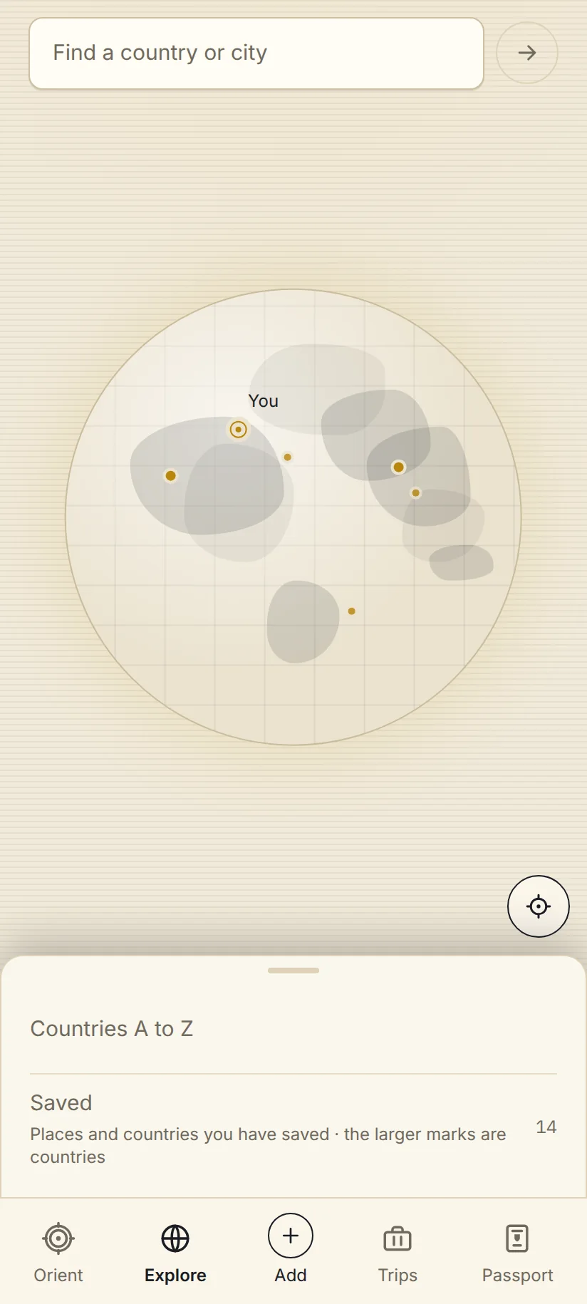 The Explore globe of the Yamine app in light mode, on a warm parchment background