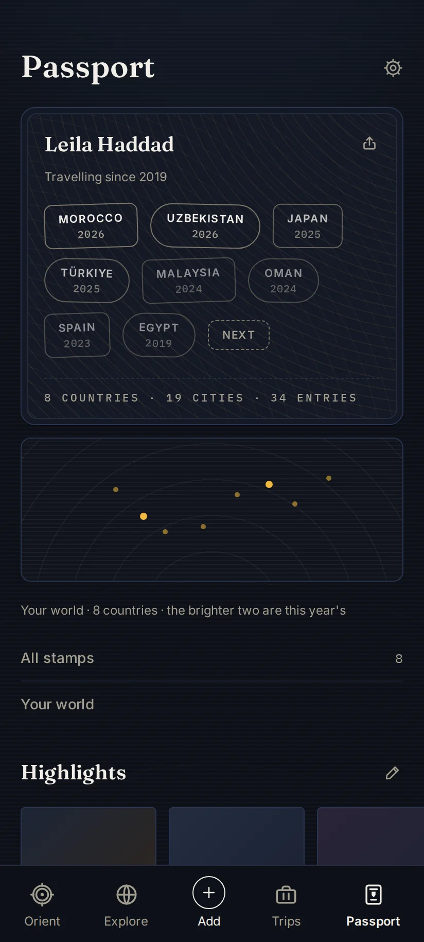 The Passport screen of the Yamine app: a named passport card with country stamps by year, and a world map of visited places