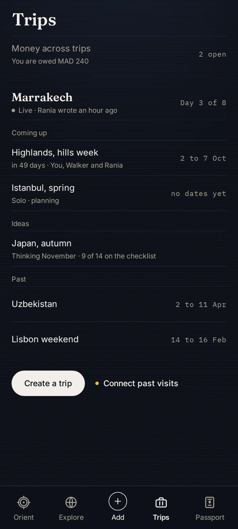 The Trips screen of the Yamine app: a live trip in Marrakech, trips coming up, ideas, and past trips with their dates
